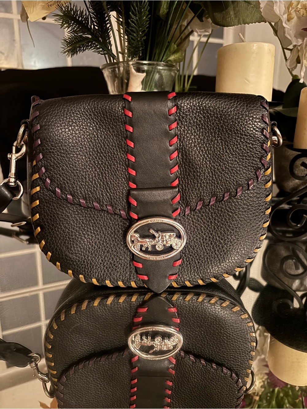 Coach Black Leather Crossbody with Red, Purple and Yellow Whipstitch